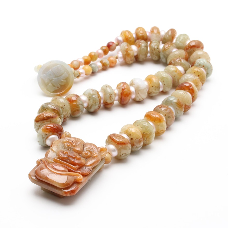 Cultured Freshwater Pearl and Carved Jadeite Necklace