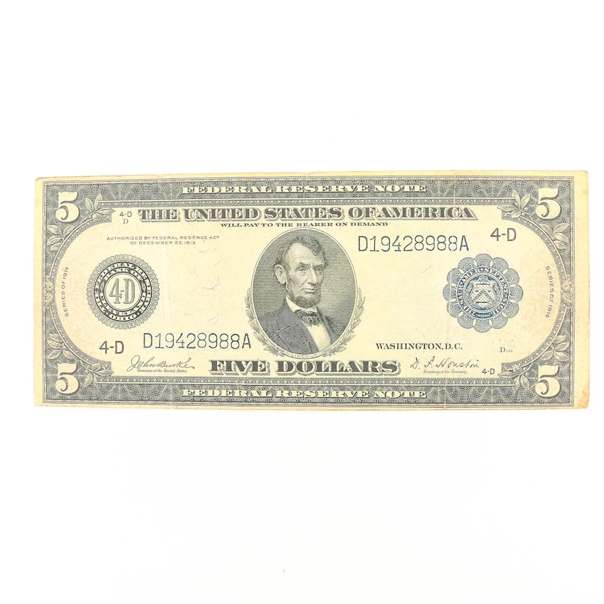 Series of 1914 Blue Seal $5 United States Federal Reserve Note