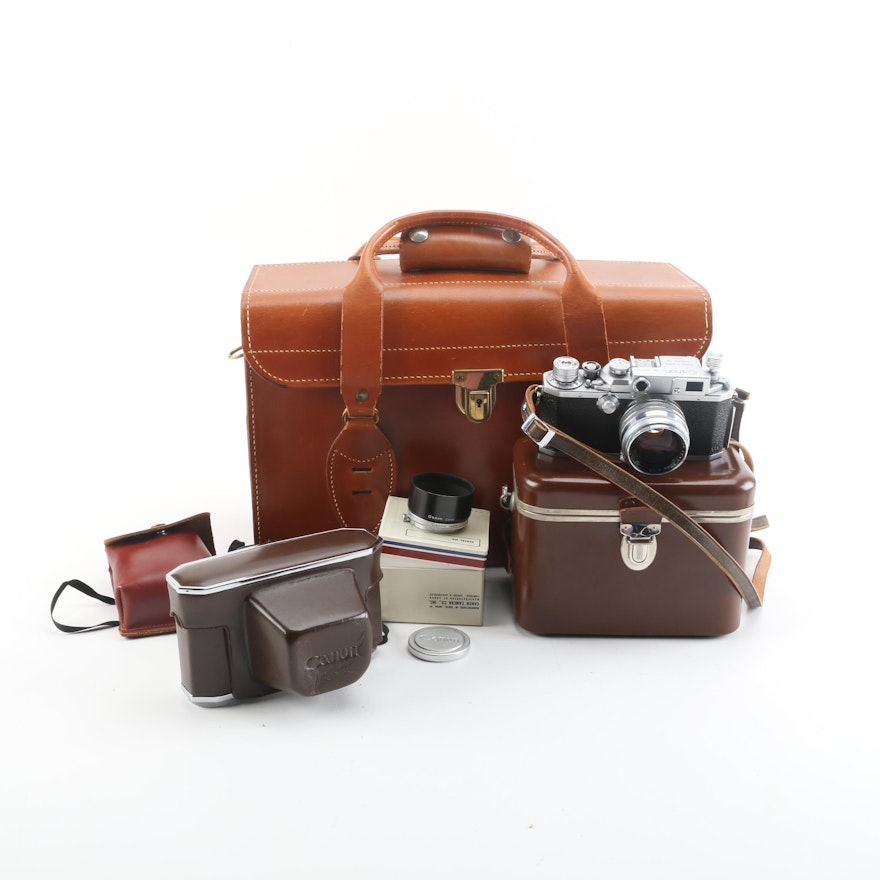 Vintage Canon Still Camera, Leather Cases, and Accessories