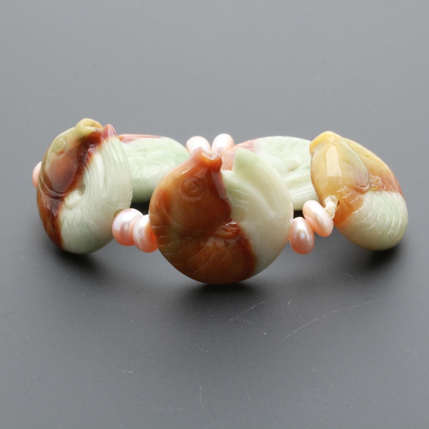 Carved Koi Fish Jadeite and Freshwater Pearl Bracelet
