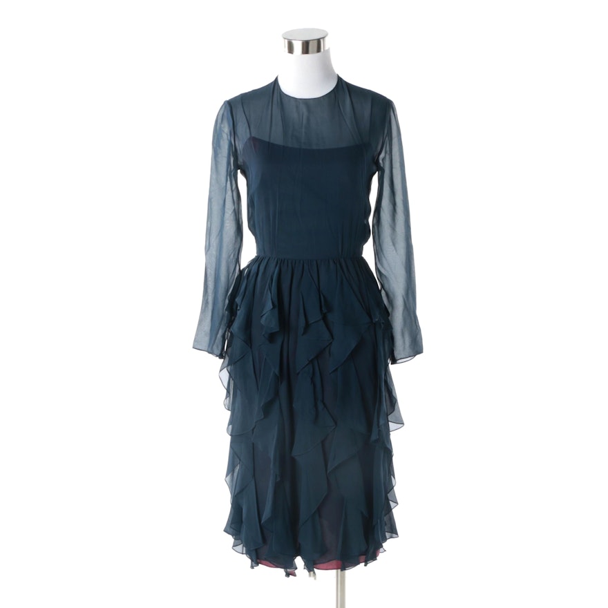 1970s Bill Blass Navy Silk Chiffon Flounce Evening Dress with Illusion Bodice