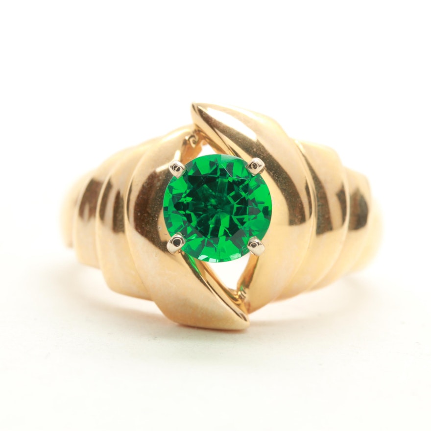 14K Yellow Gold Synthetic Emerald Ring