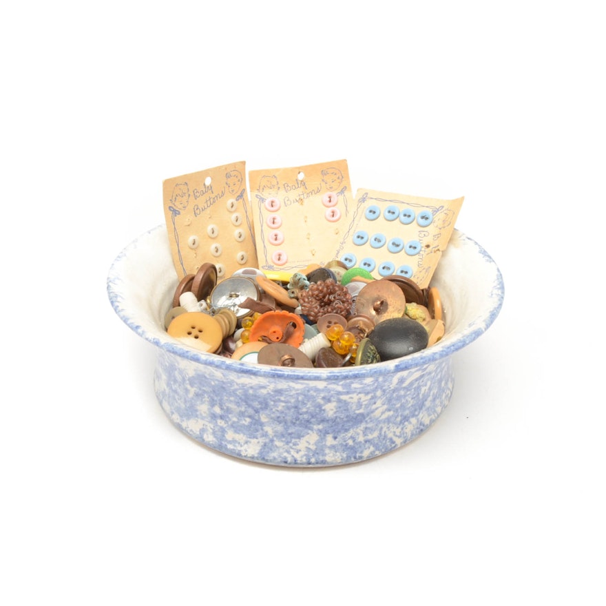 Blue Spongeware Ceramic Bowl with Button Collection