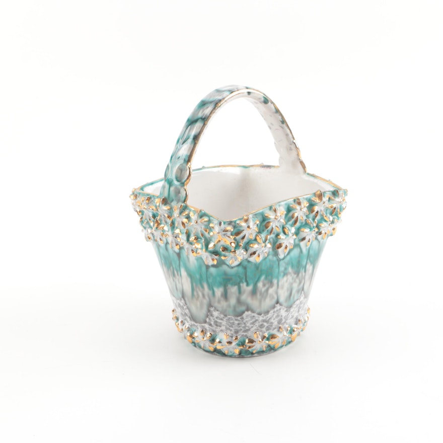 Vintage Italian Drip Glaze Ceramic Basket with Gilt Accents
