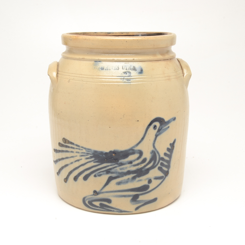 Vintage Two Gallon Utica New York Blue Bird Salt Glazed Stoneware Crock
