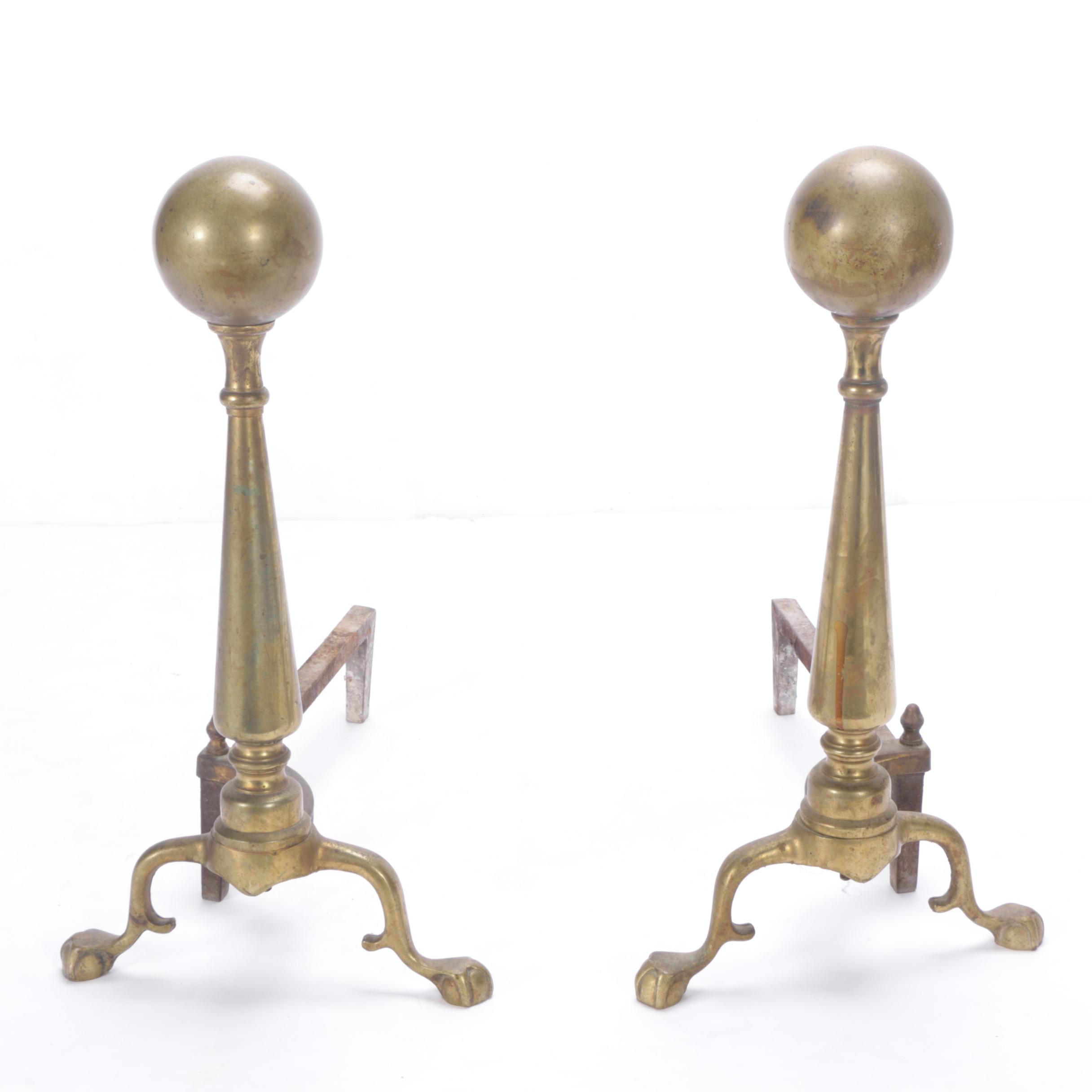 Vintage Chippendale Style Ball Top Brass Andirons