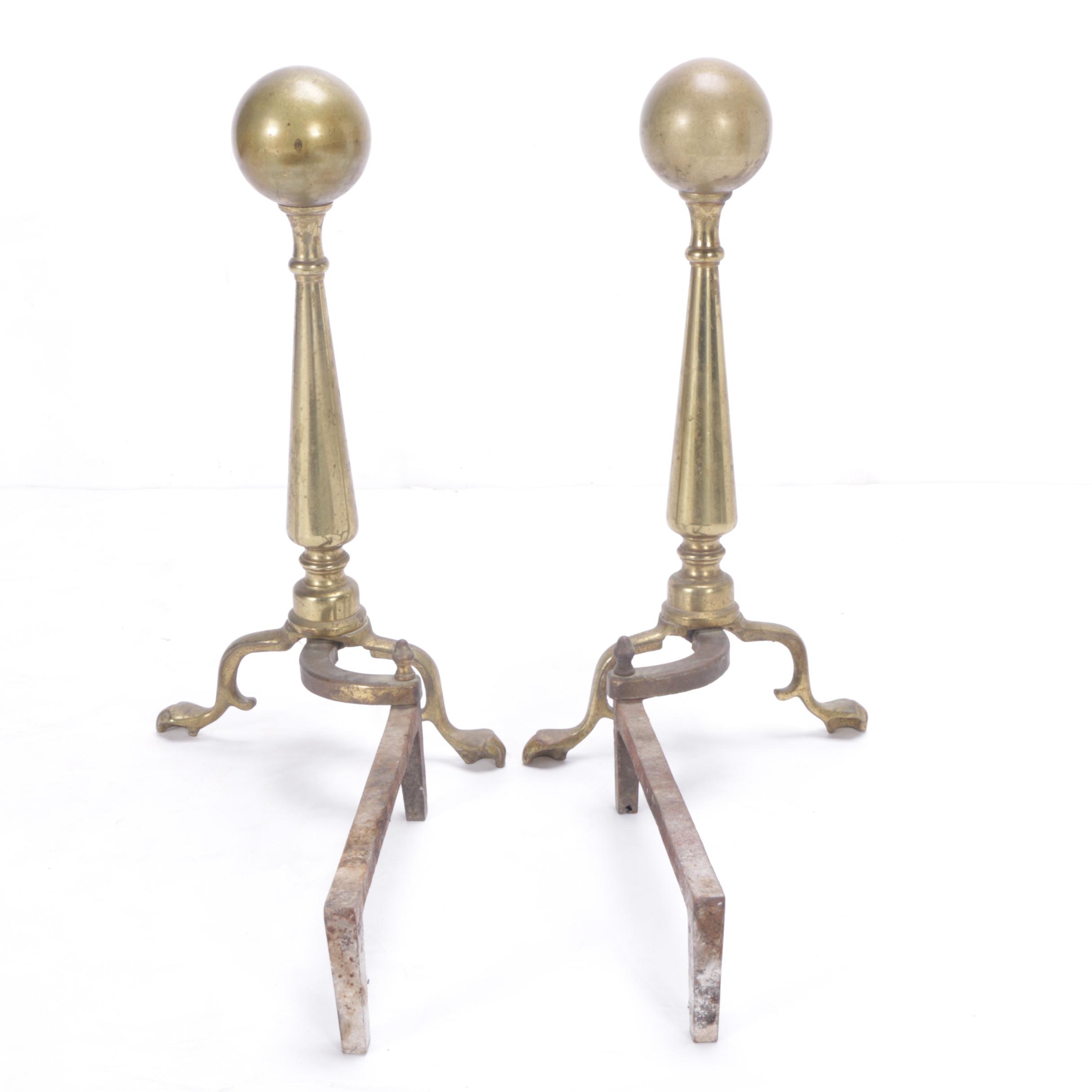 Vintage Chippendale Style Ball Top Brass Andirons