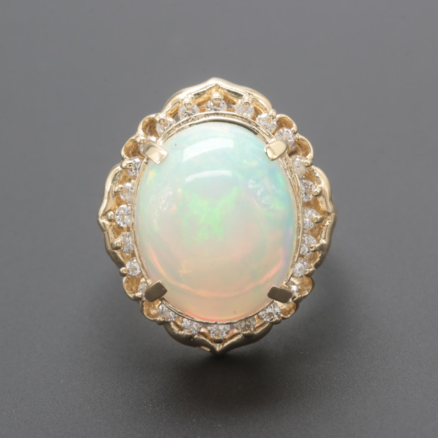 14K Yellow Gold 8.65 CT Opal and Diamond Ring