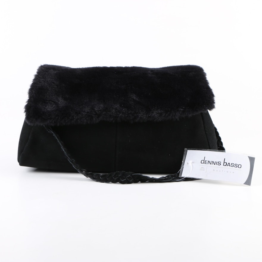 Dennis Basso Boutique Black Suede Shoulder Bag with Faux Fur Flap