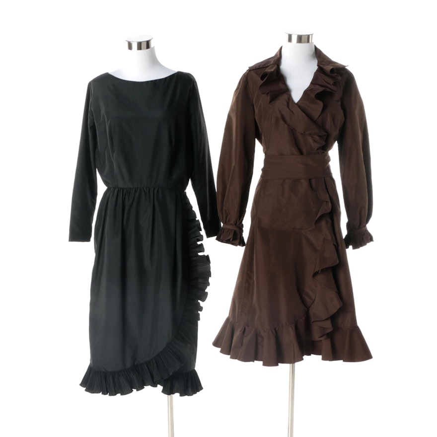 1980s Vintage Victor Costa Black Ruffle Hem Dress and Brown Cocktail Dress