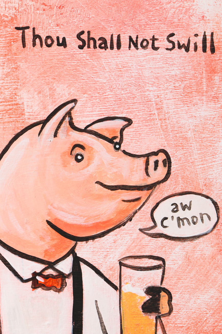 N. Scott Carroll Outsider Pop Art Painting "Drinking Pig"