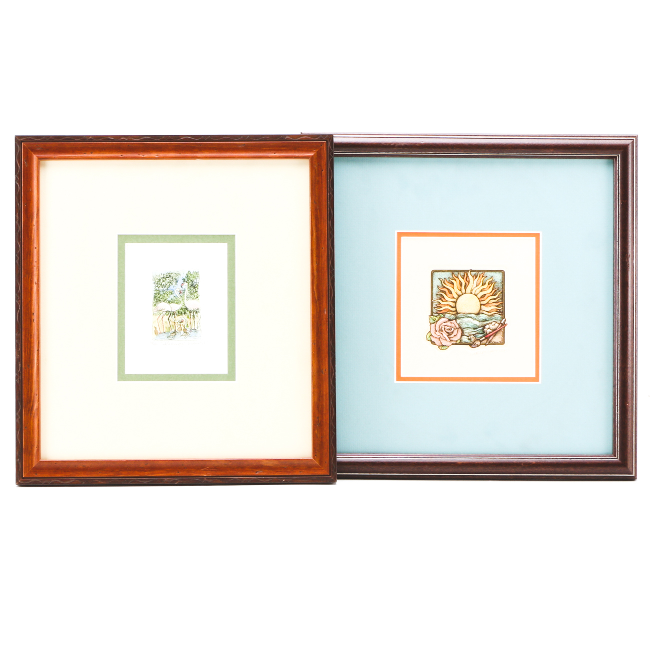 Pair of Signed Hand-Colored Etchings