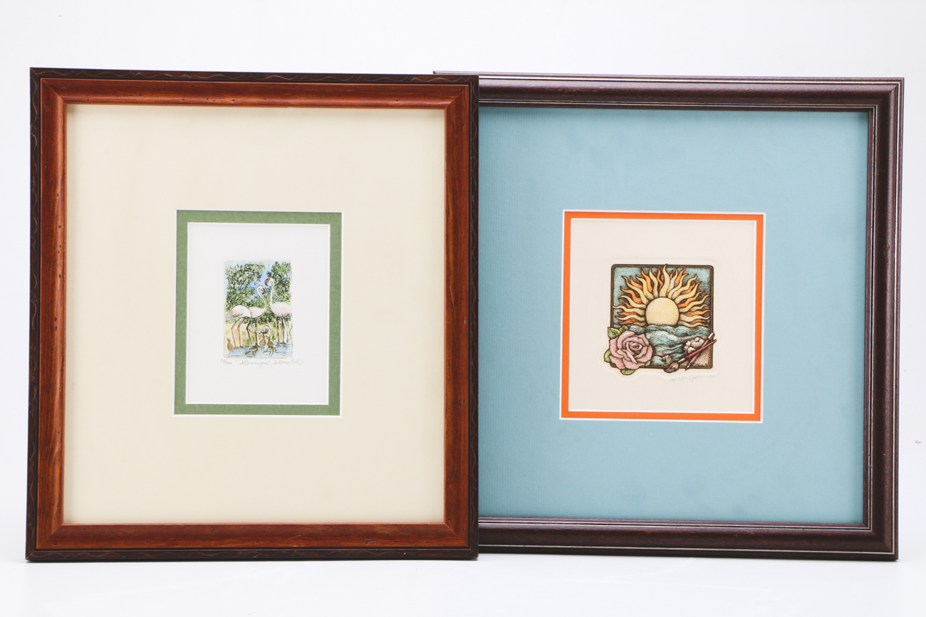 Pair of Signed Hand-Colored Etchings