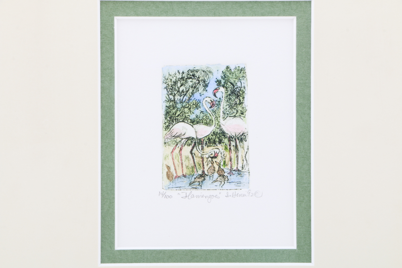 Pair of Signed Hand-Colored Etchings