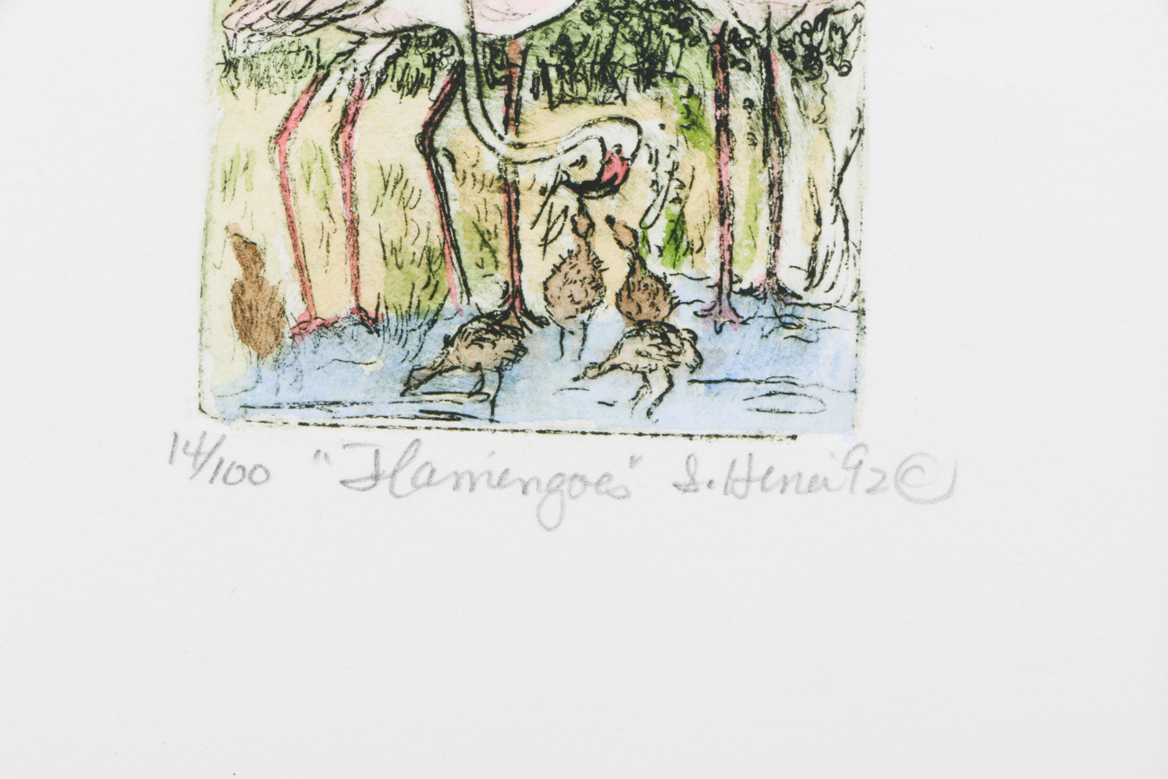 Pair of Signed Hand-Colored Etchings