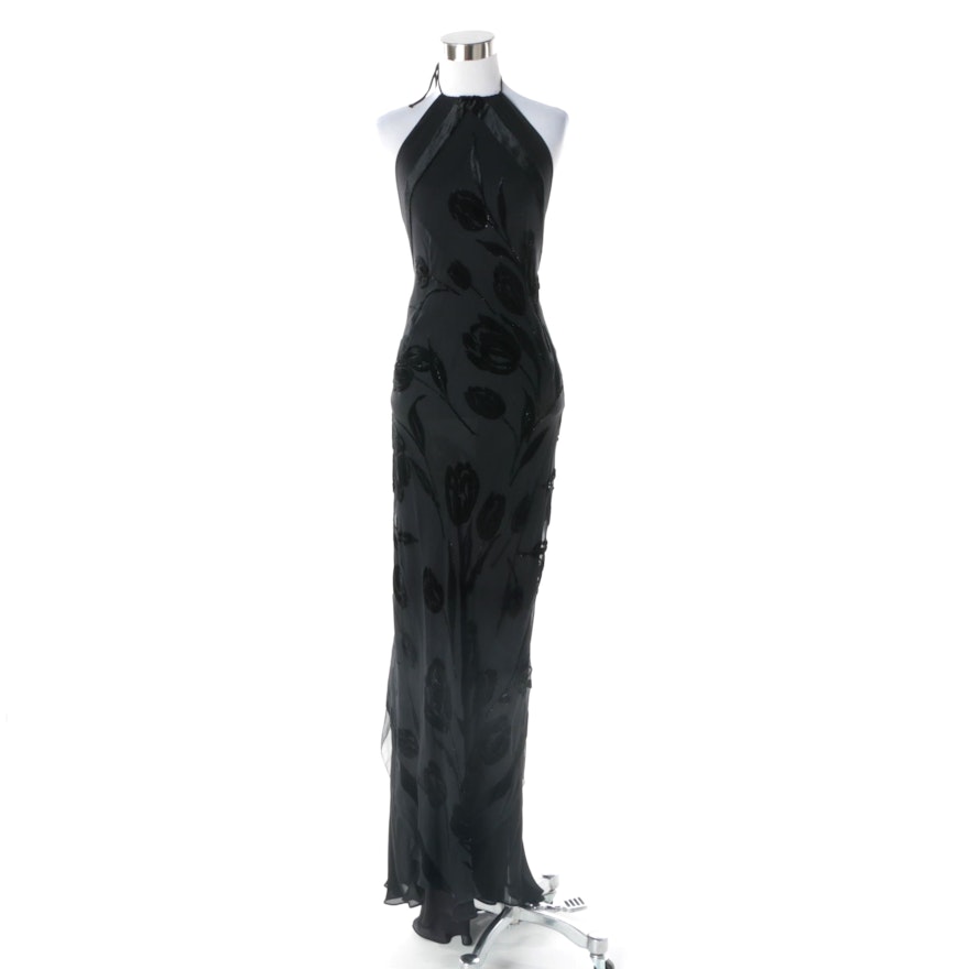 Custom Silk and Burnout Velvet Backless Evening Gown with Retractable Train