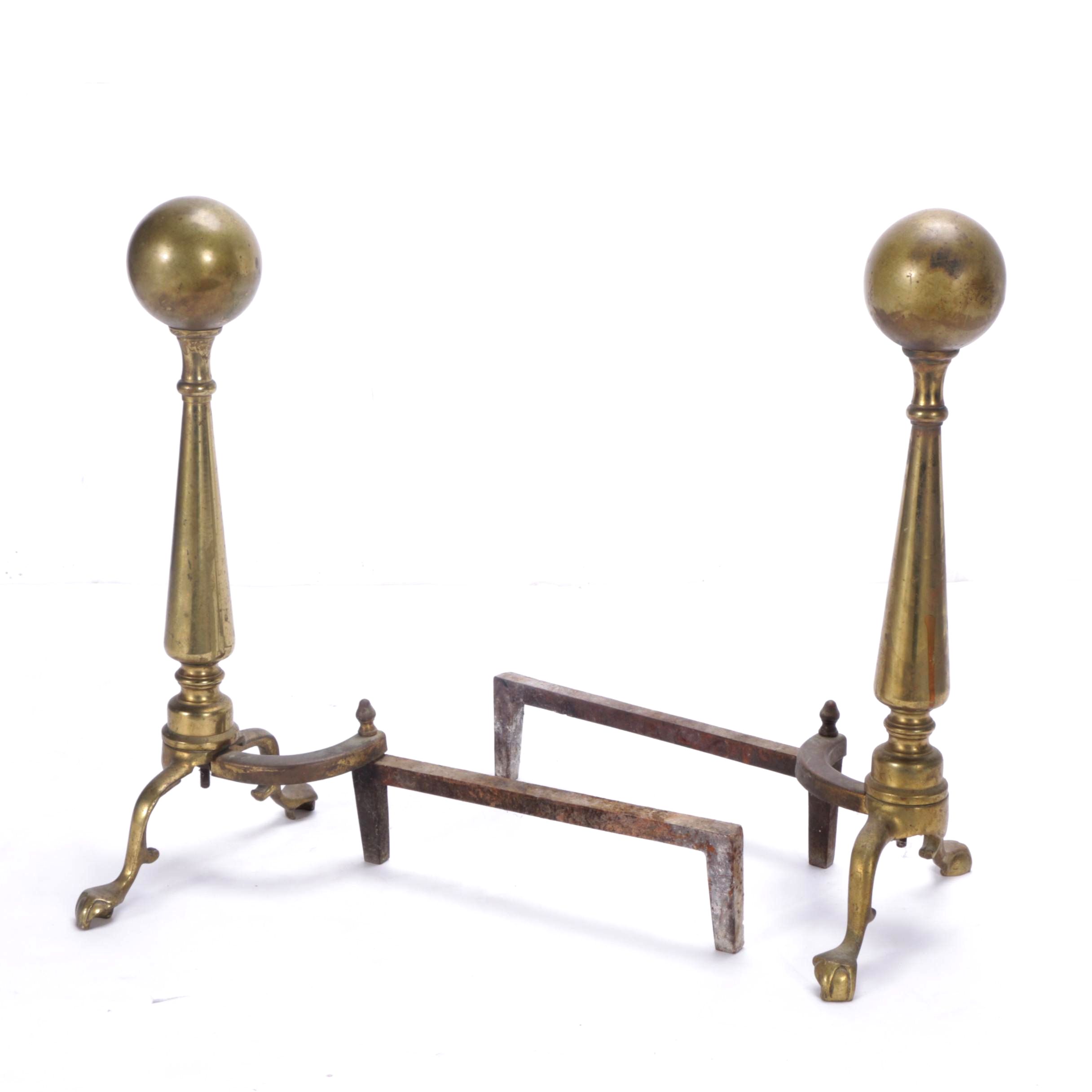 Vintage Chippendale Style Ball Top Brass Andirons