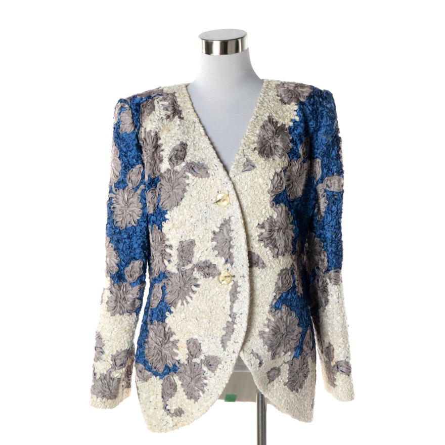 Women's Circa 1980s Vintage Galanos Blue, Grey and White Silk Jacket