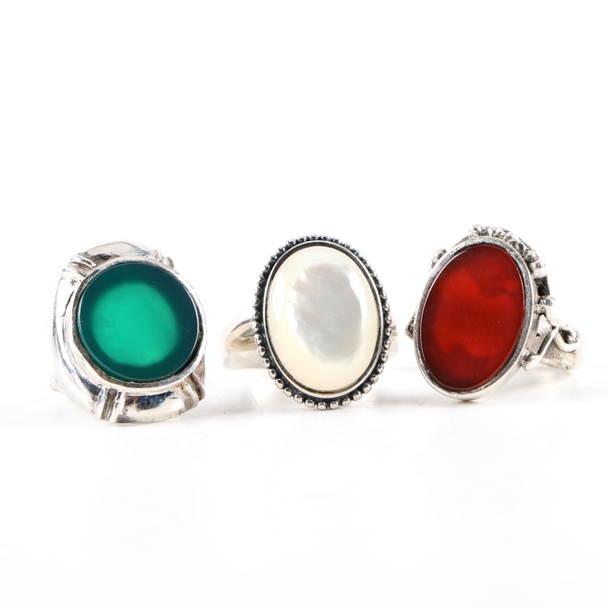 Sterling Silver Ring Assortment Including Mother of Pearl and Chalcedony