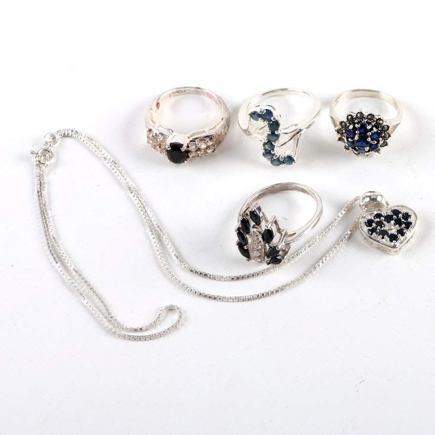 Sterling Silver Jewelry Selection Including Synthetic Sapphires and a Diamond