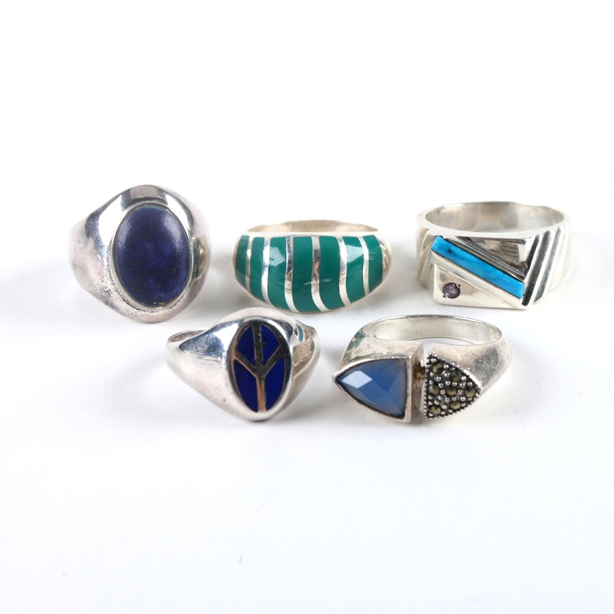 Sterling Silver Ring Selection Including Reconstituted Turquoise and Amethyst
