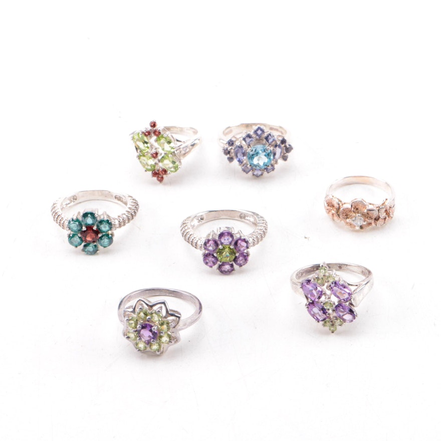 Sterling Silver Ring Selection Including Amethyst, Tanzanite and Peridot