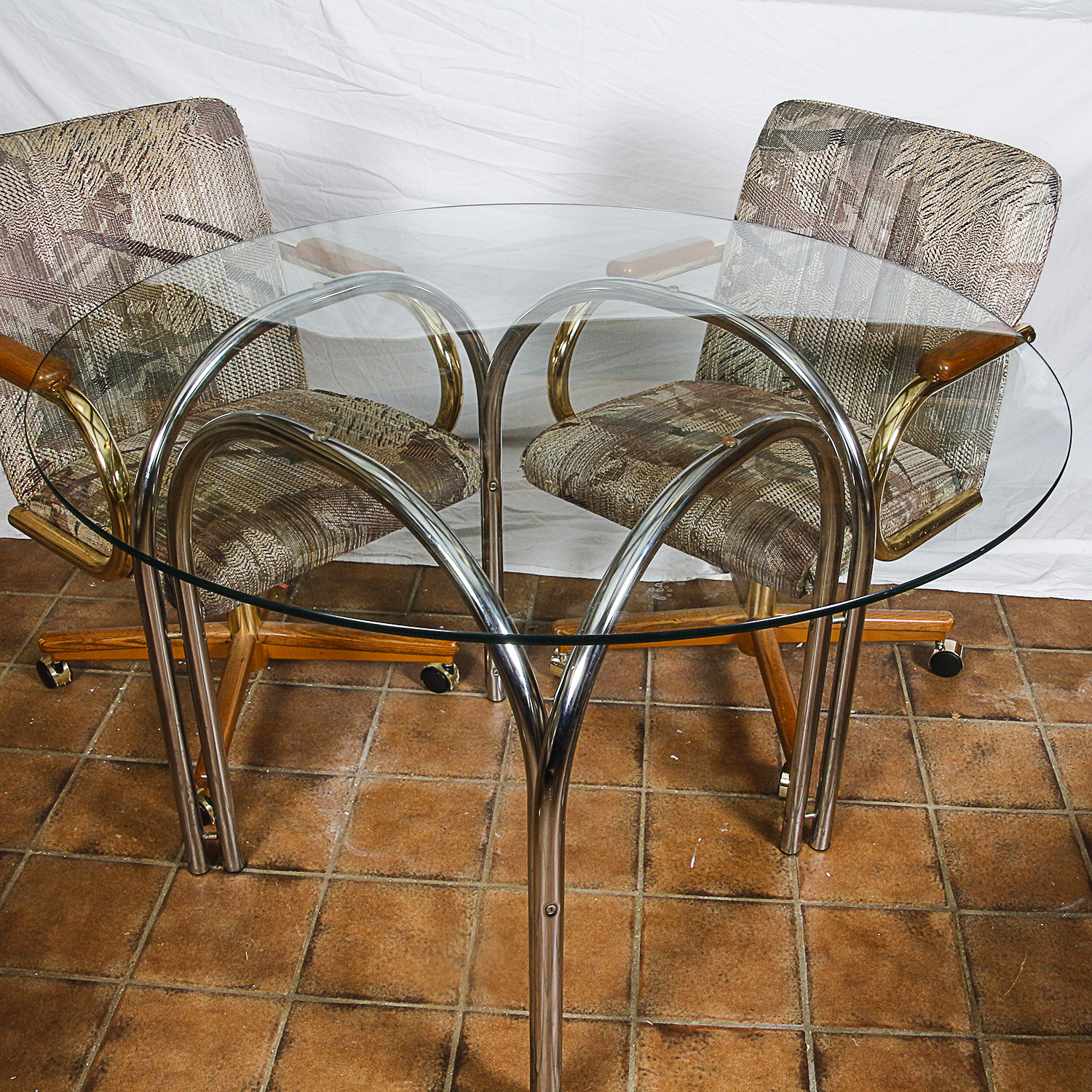 Vintage Glass and Metal Table with Armchairs