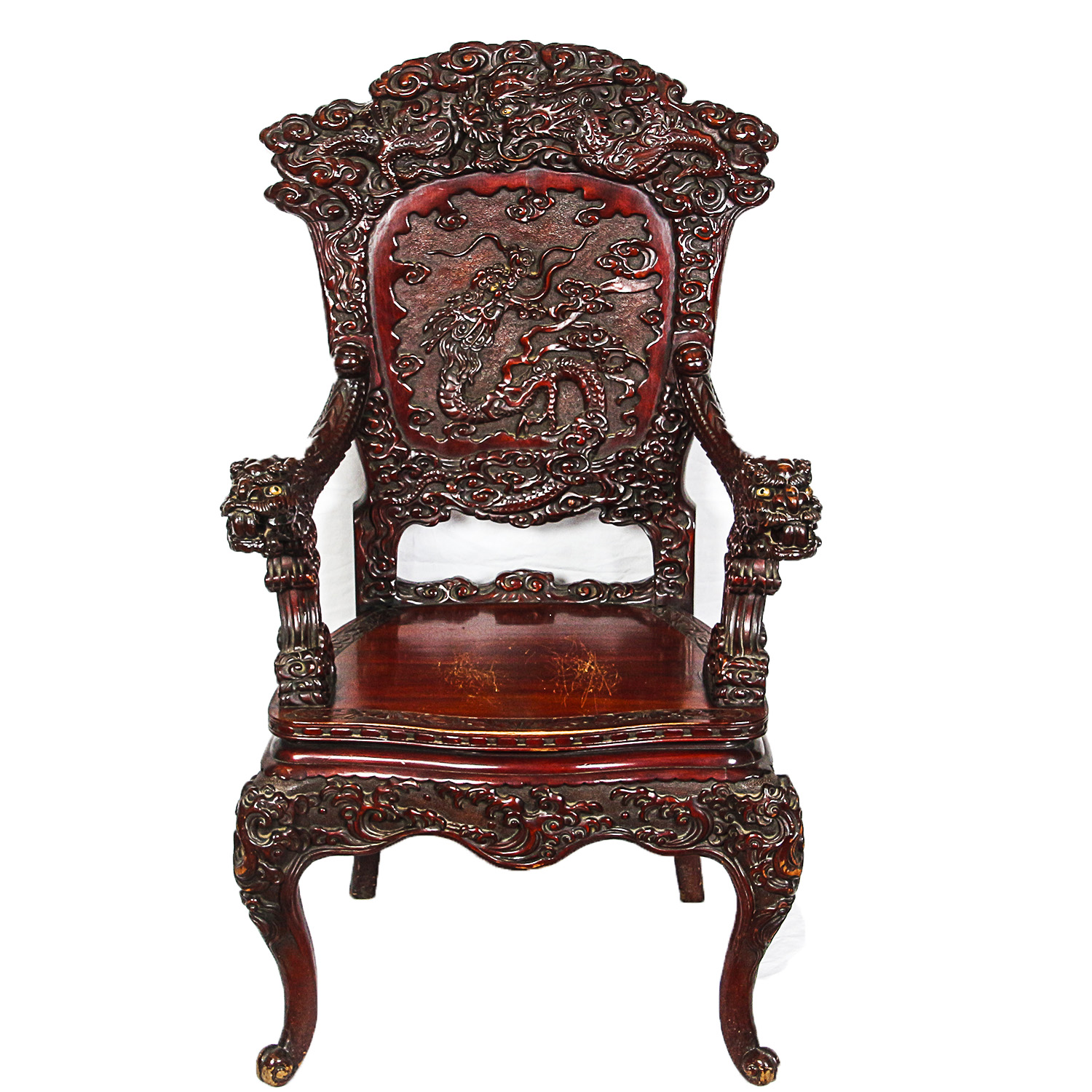 Vintage Chinese Carved Wood Armchair with Dragon Motif