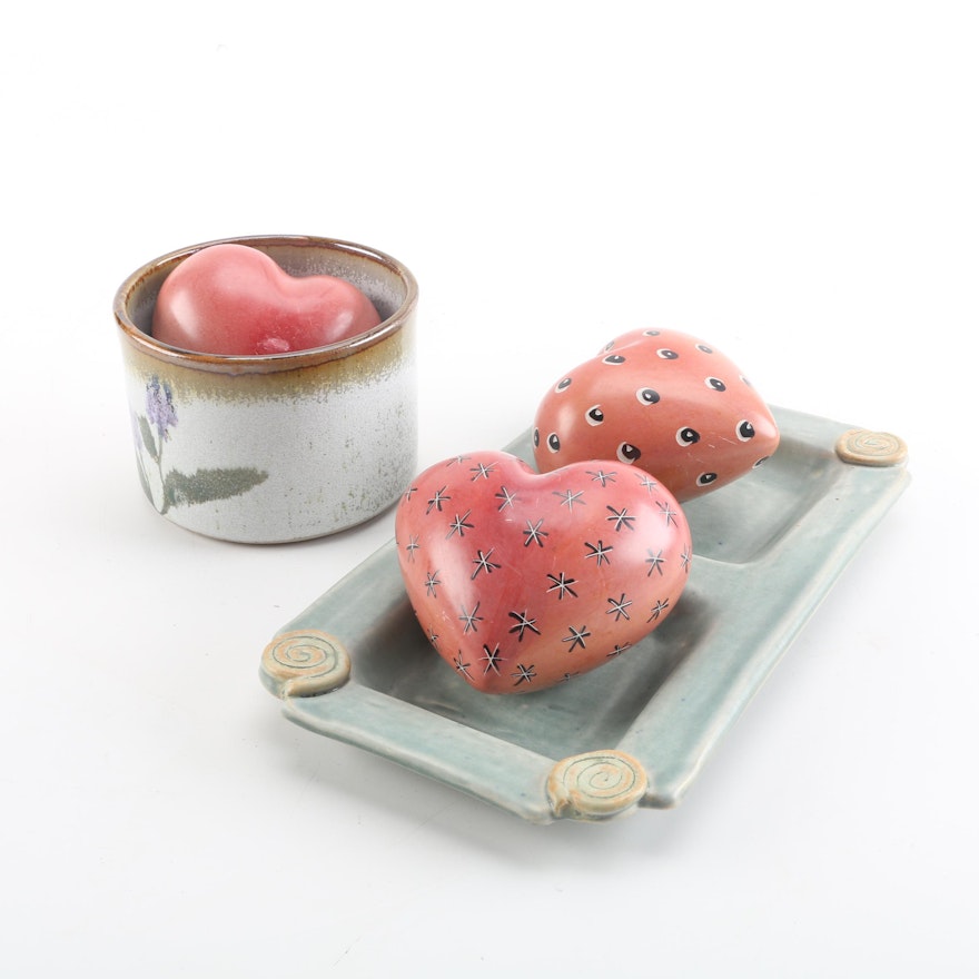 Signed Stoneware Bowls with Ceramic Heart Figurines