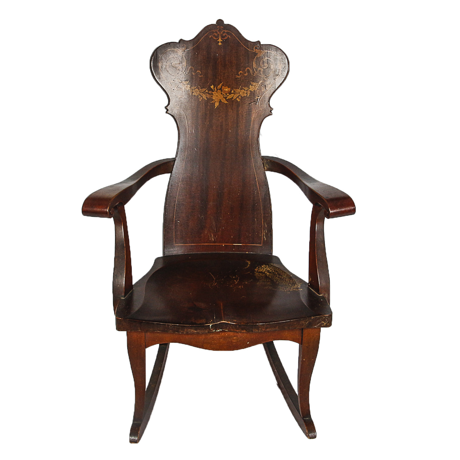 Antique Mahogany Rocking Chair with Marquetry Inlay