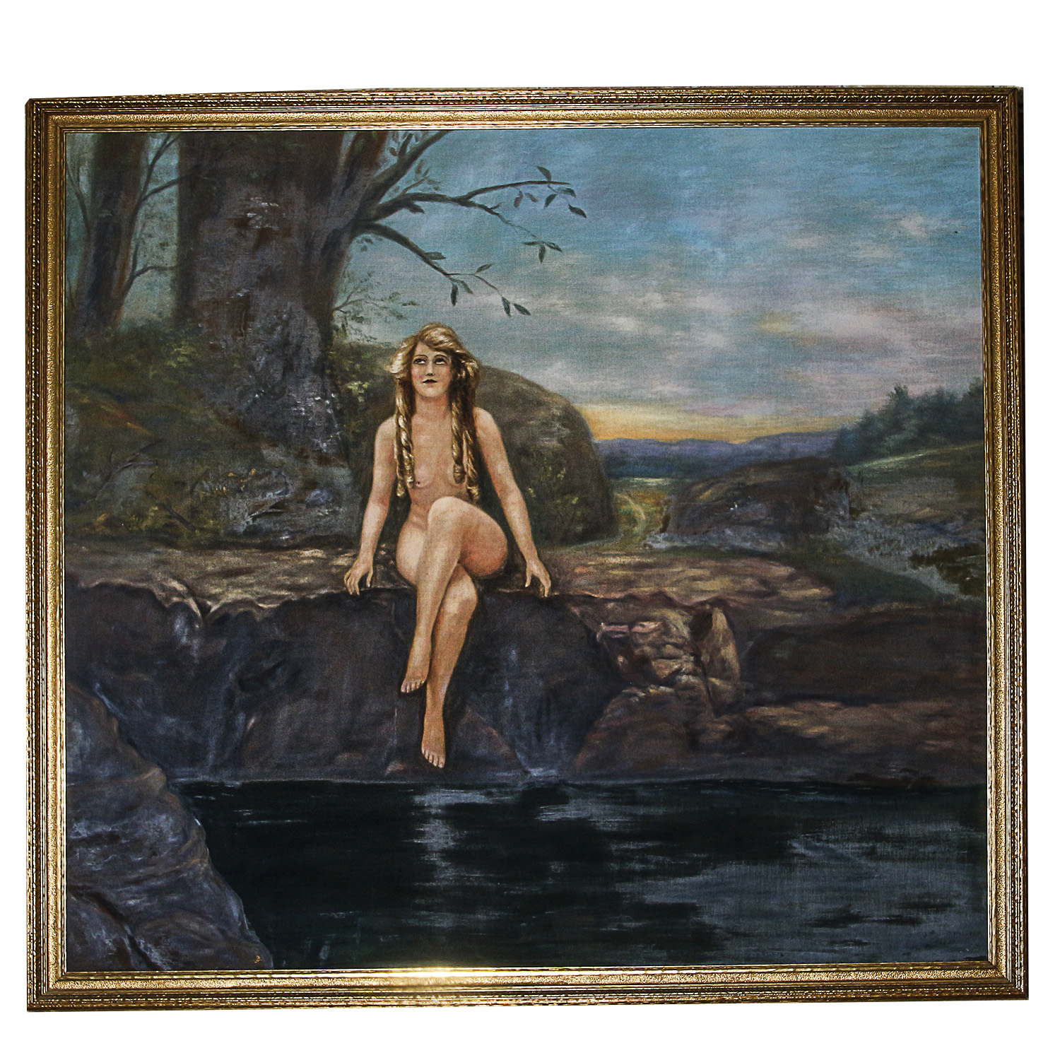 Large Oil Painting on Canvas of Nude Figure in Landscape