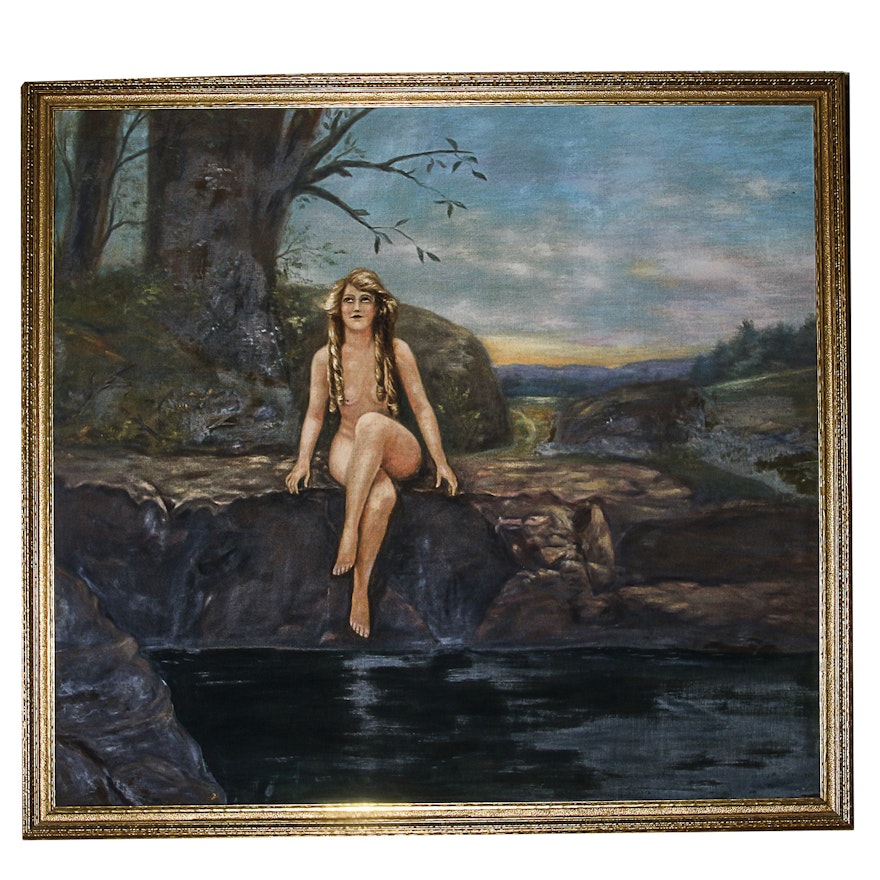 Large Oil Painting on Canvas of Nude Figure in Landscape