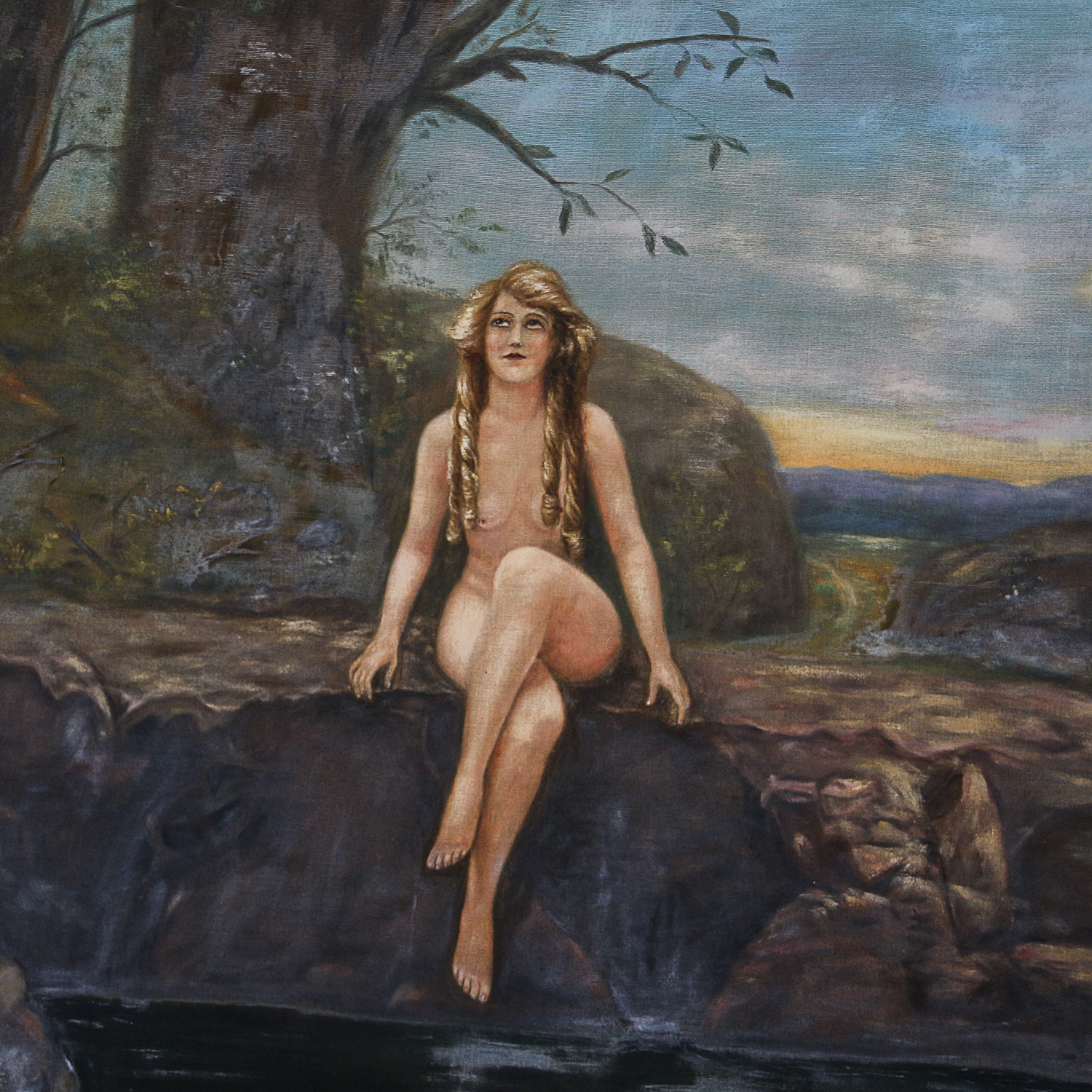 Large Oil Painting on Canvas of Nude Figure in Landscape