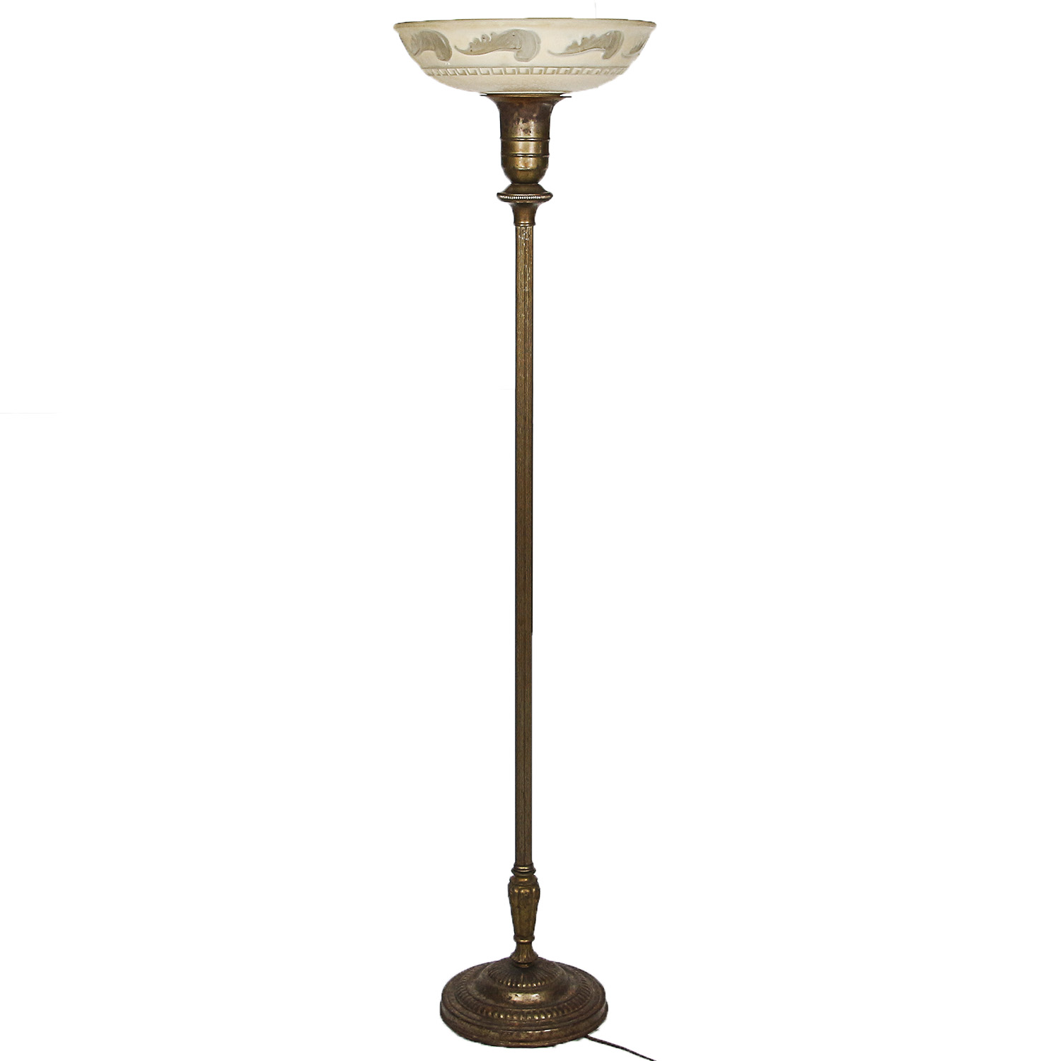 Early to Mid 20th Century Brass Tone Torchiere with Patterned Tinted Shade