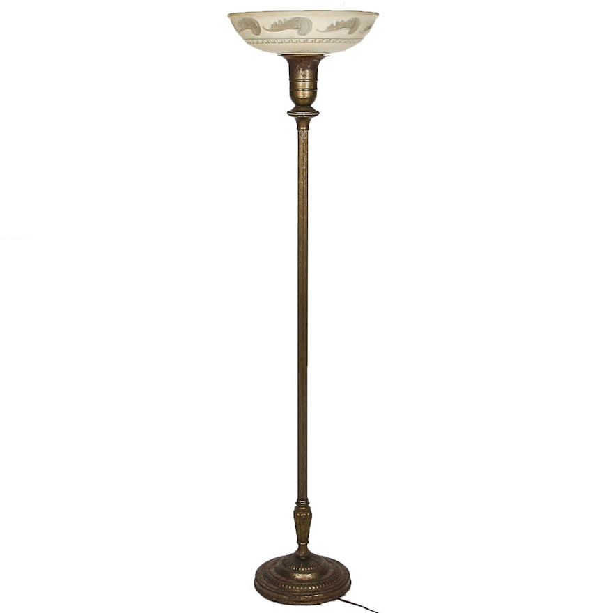 Early to Mid 20th Century Brass Tone Torchiere with Patterned Tinted Shade