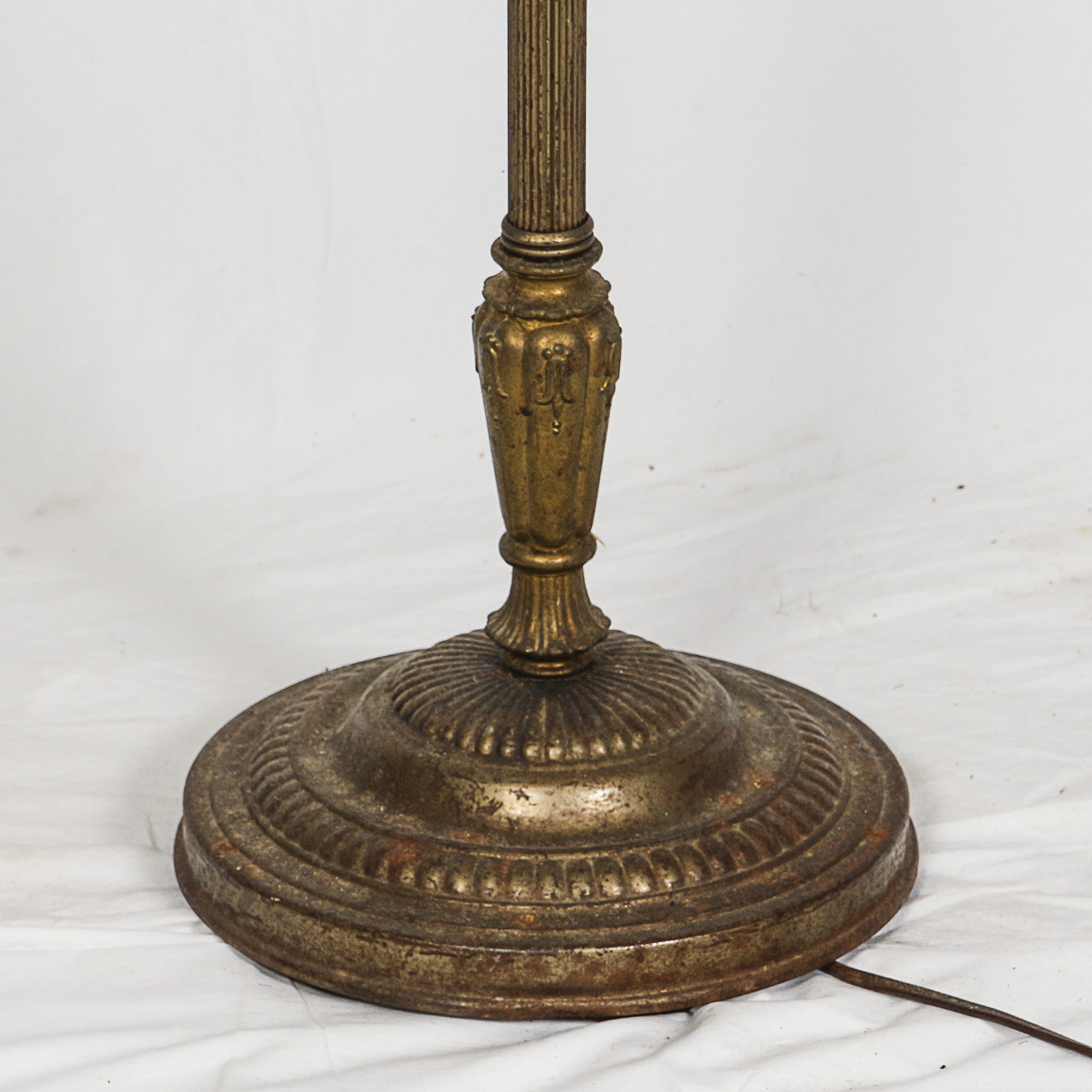 Early to Mid 20th Century Brass Tone Torchiere with Patterned Tinted Shade