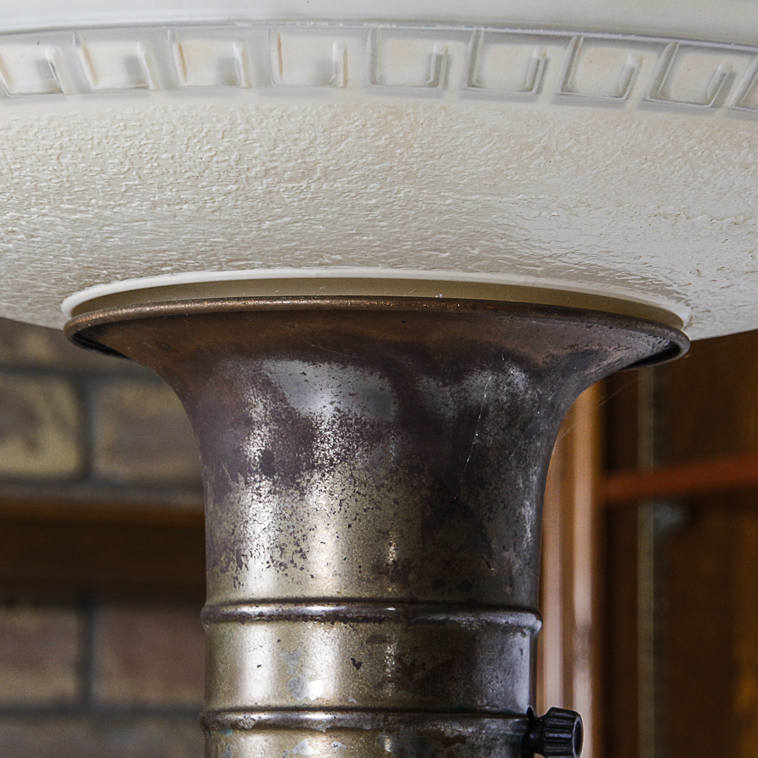 Early to Mid 20th Century Brass Tone Torchiere with Patterned Tinted Shade