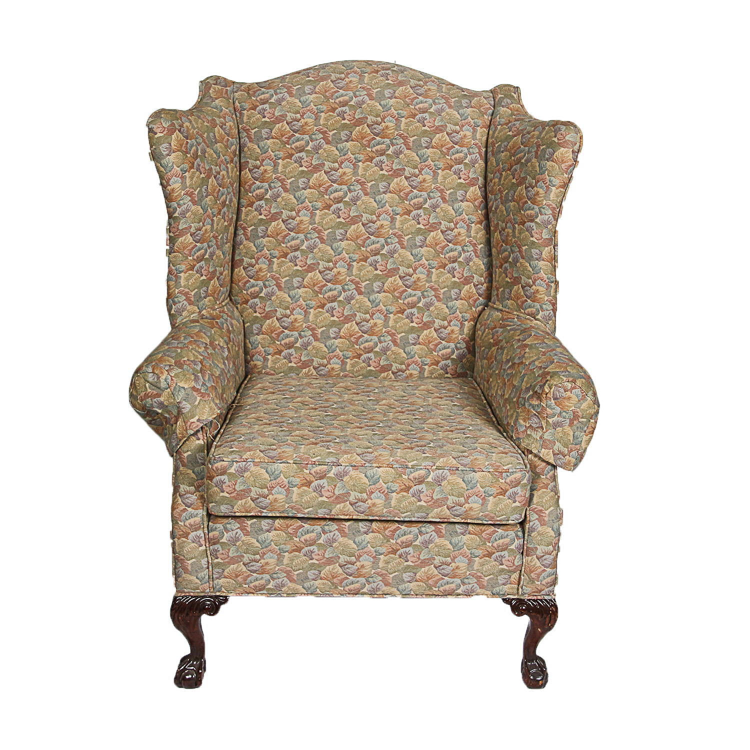 Vintage Chippendale Style Upholstered Wingback Armchair
