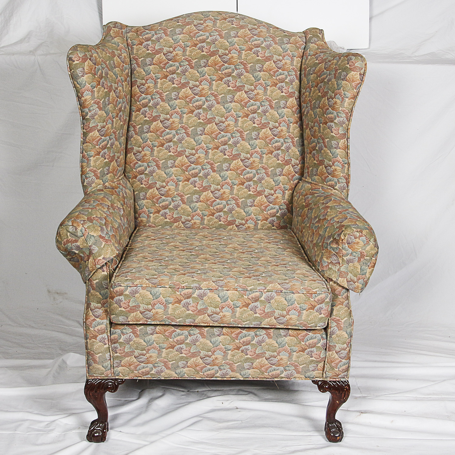 Vintage Chippendale Style Upholstered Wingback Armchair