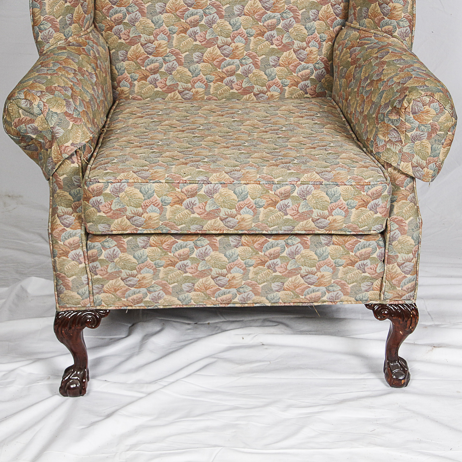 Vintage Chippendale Style Upholstered Wingback Armchair
