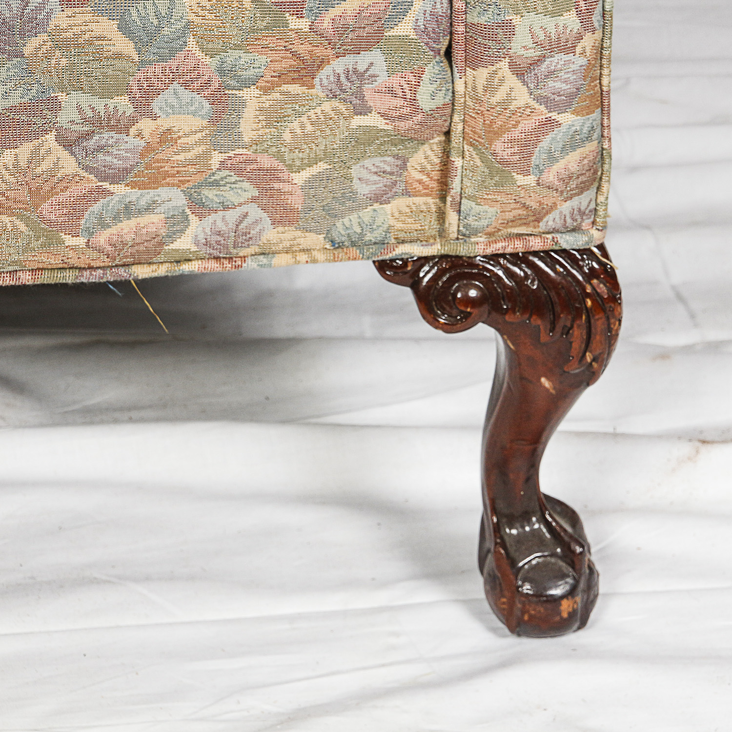 Vintage Chippendale Style Upholstered Wingback Armchair