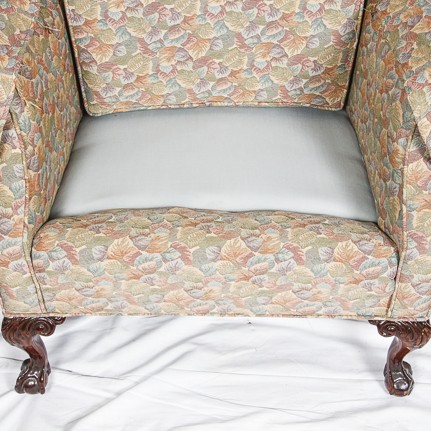Vintage Chippendale Style Upholstered Wingback Armchair