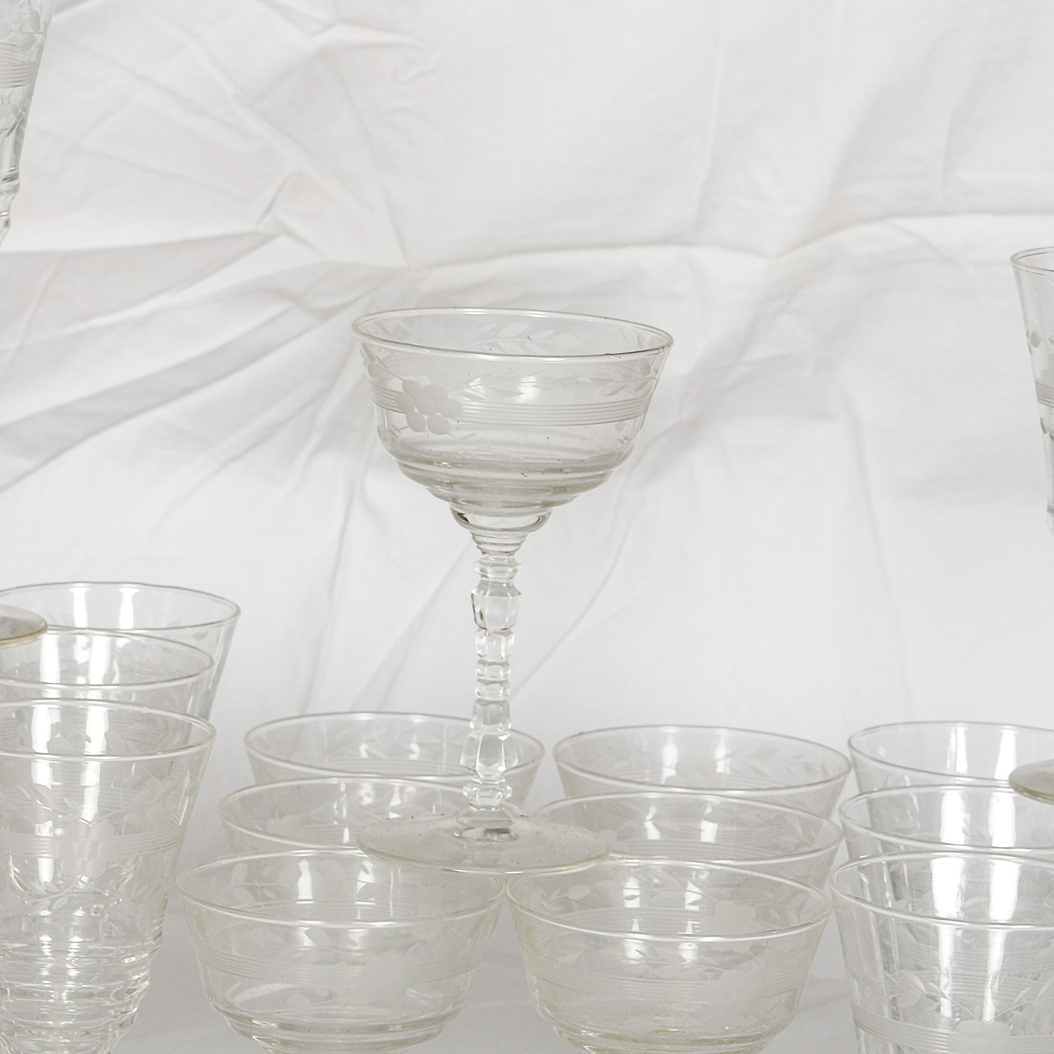 Vintage Goblets and Sherbet Glasses with Etched Floral Motif