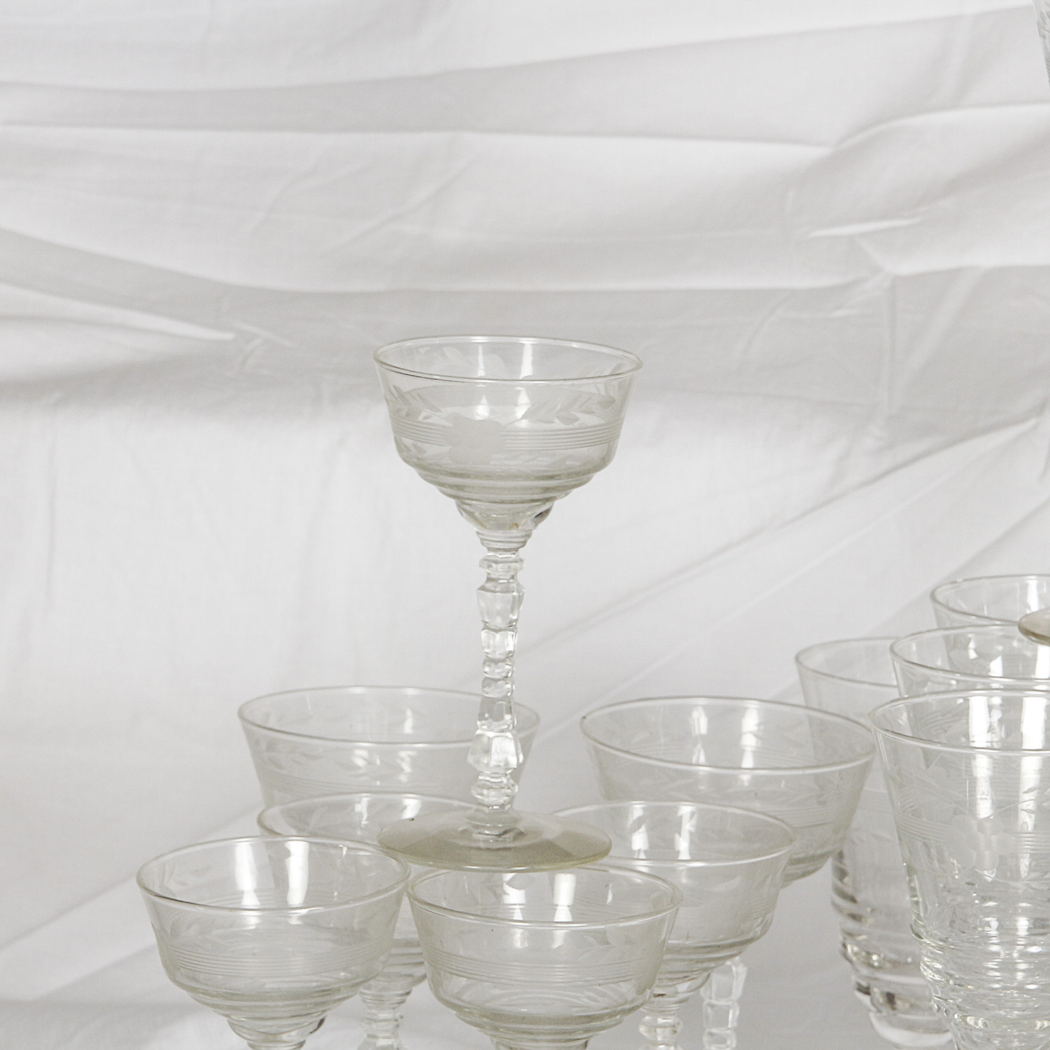 Vintage Goblets and Sherbet Glasses with Etched Floral Motif