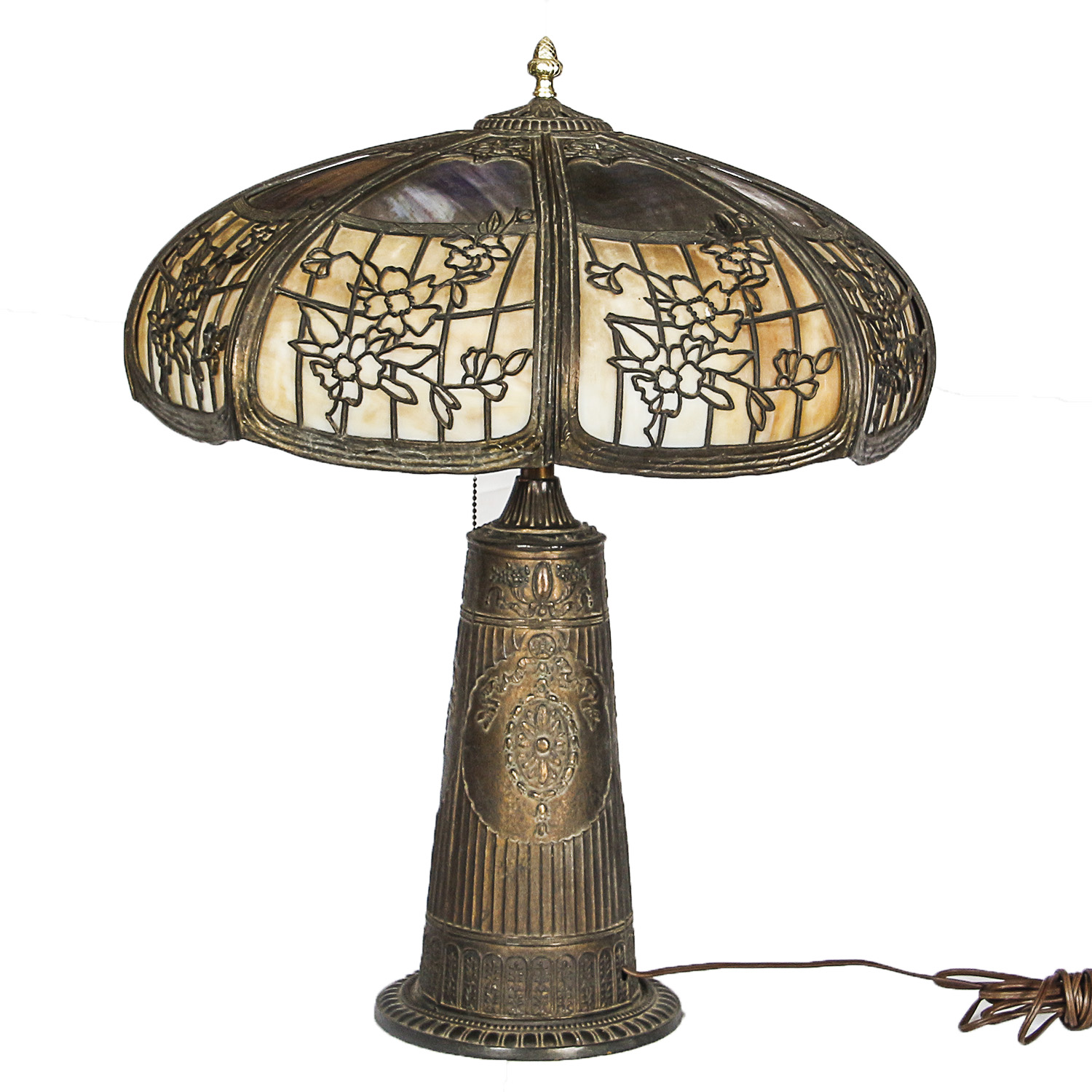 Early 20th Century B & H Style Art Nouveau Slag Glass and Metal Table Lamp