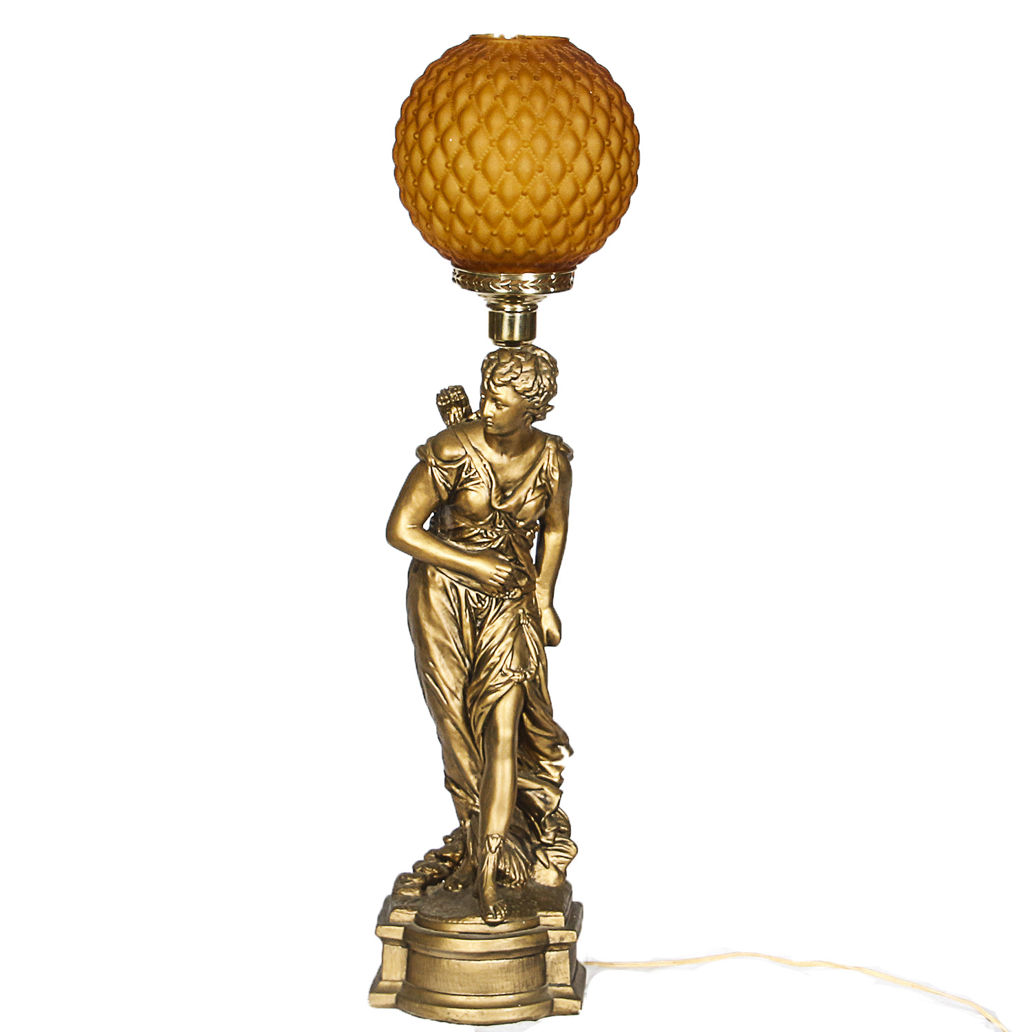 "Diana, Goddess of the Hunt" Gold Painted Ceramic Lamp with Quilted Amber Globe
