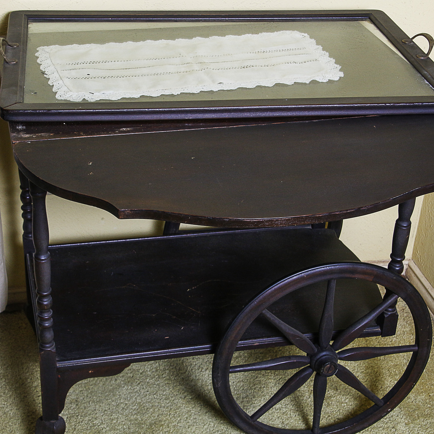 Dark Wooden Tea Cart with Removable Glass Tray