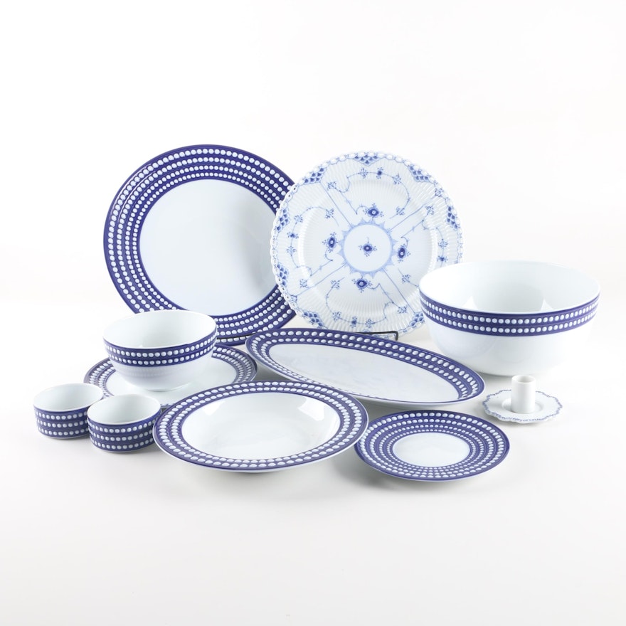 L'Objet "Perlée Bleu" Porcelain Tableware with Royal Copenhagen Plate