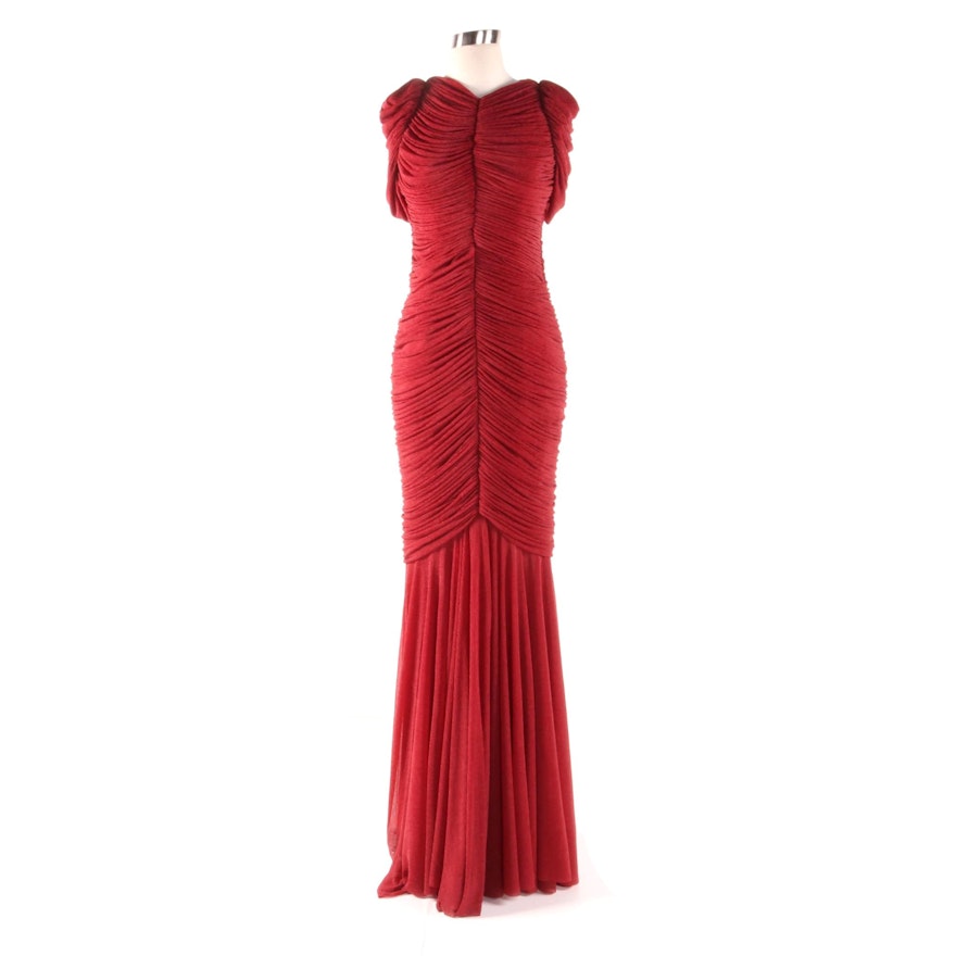 John Paul Ataker of New York Bordeaux Red Ruched Maxi Evening Gown