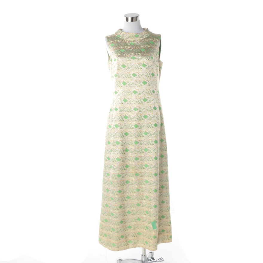1960s Vintage Gold and Green Metallic Brocade Sleeveless Evening Dress